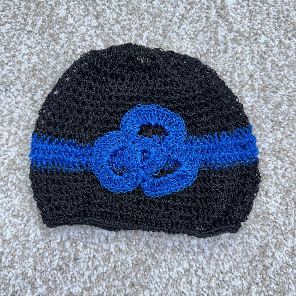 Handmade Black Crochet knit Hat with Blue Flower , Tubi